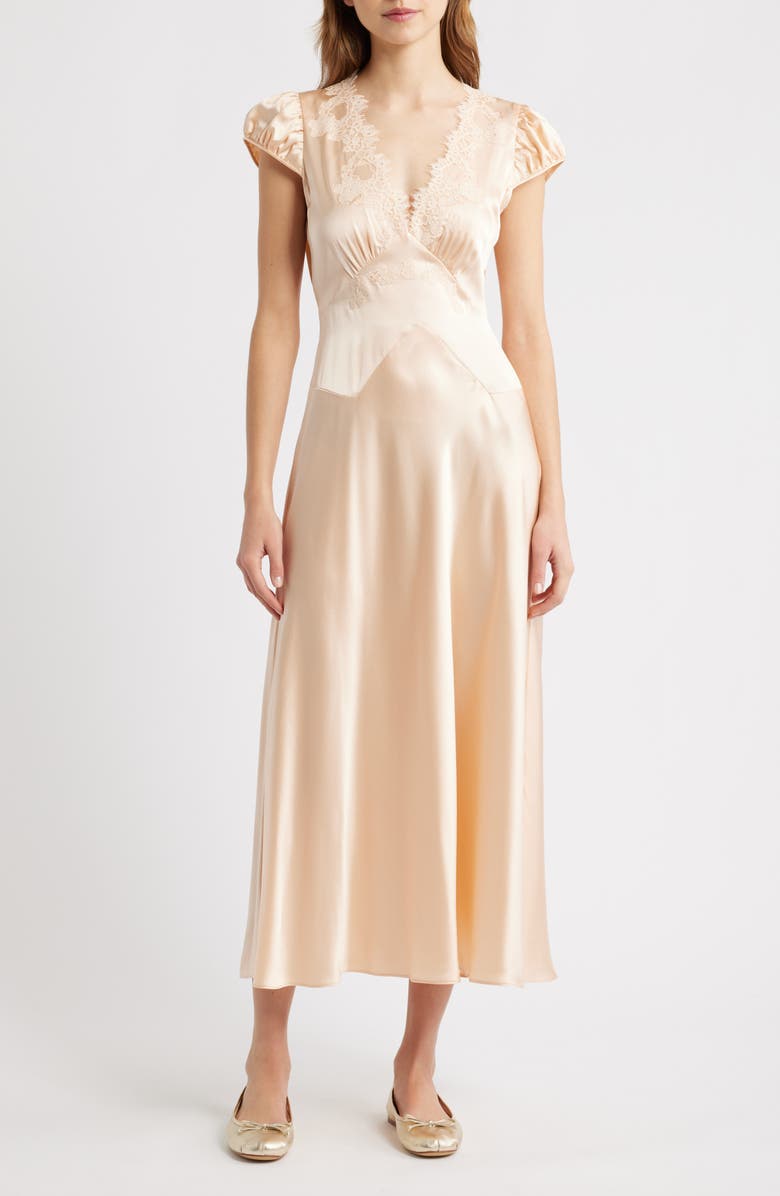 DÔEN Coraline Lace Trim Silk Satin Midi Dress, Main, color, Peach Sorbet