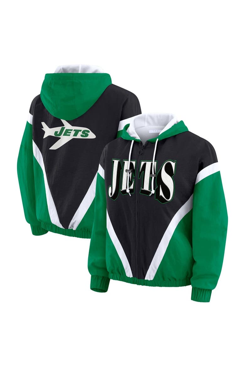 Women's WEAR by Erin Andrews Kelly Green/Black New York Jets Retro Crinkle Full-Zip Hoodie Windbreaker, Main, color, Kelly Green