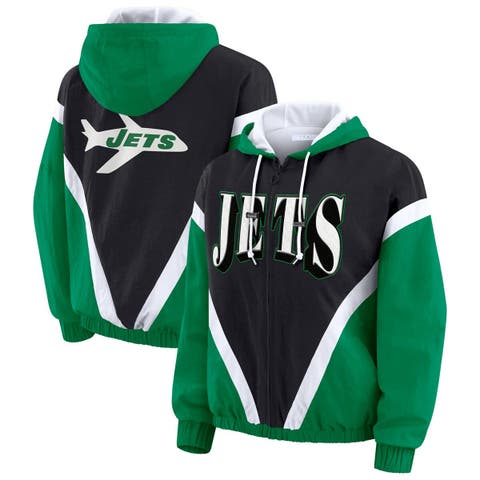 Women's WEAR by Erin Andrews Kelly Green/Black New York Jets Retro Crinkle Full-Zip Hoodie Windbreaker