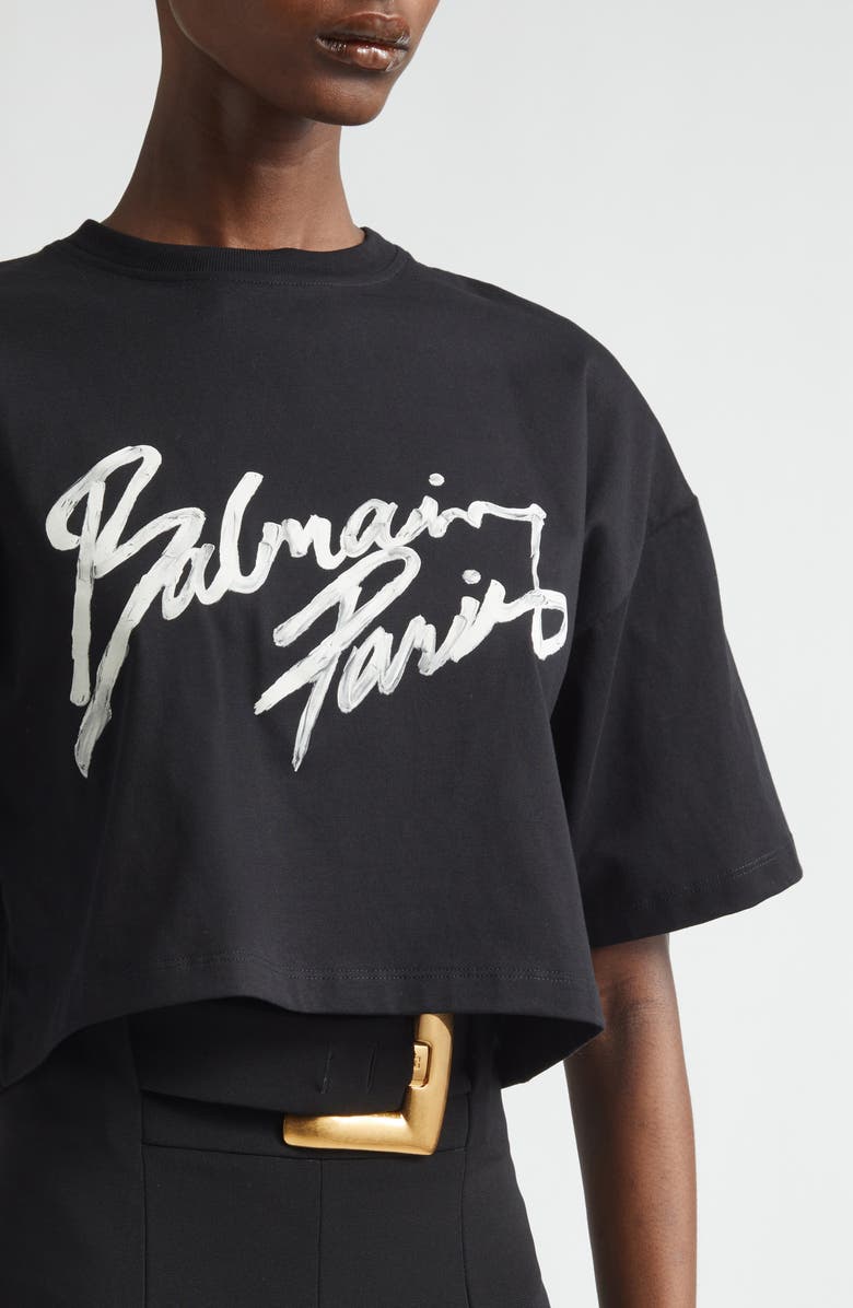 Balmain Paris Brush Print Crop T-Shirt, Alternate, color, Black/ White