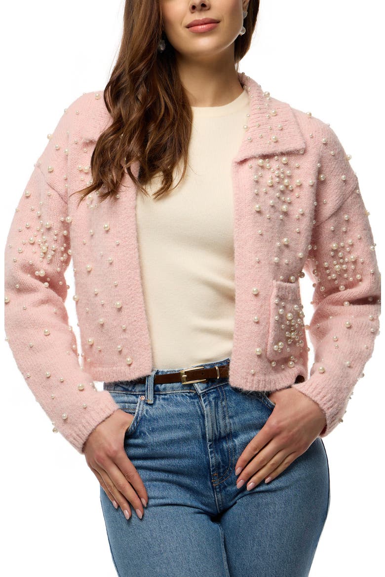 Faux Pearl Bead Open Front Cardigan, Main, color, LIGHT PINK
