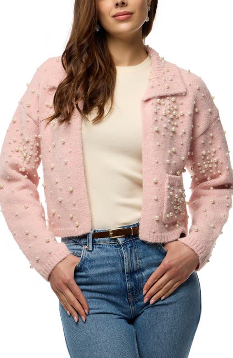 Faux Pearl Bead Open Front Cardigan
