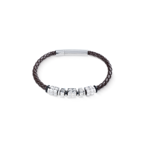 Brown Leather Bracelet With Stainless Steel Spikes Cubes