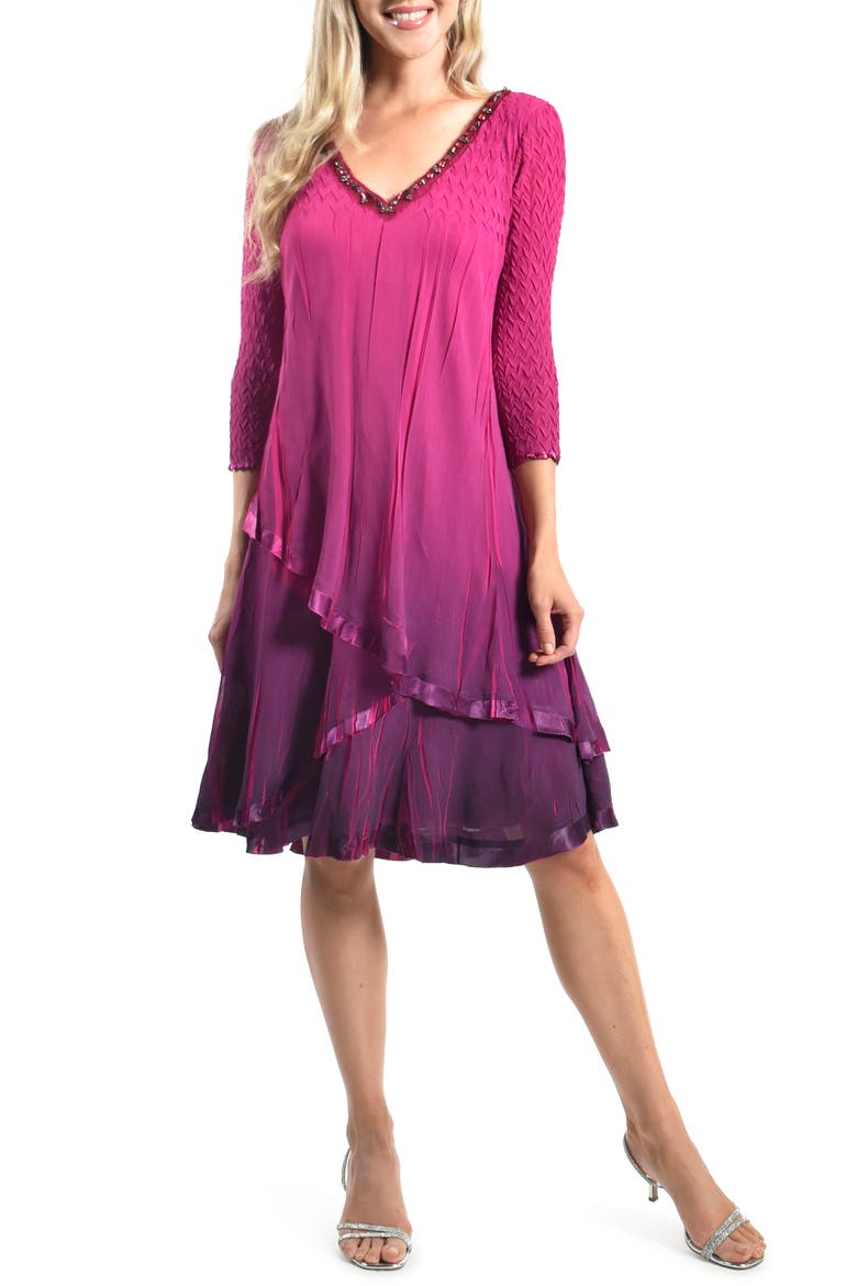 Beaded Neck Chiffon & Charmeuse Cocktail Dress, Main, color, OMBRE MAGENTA