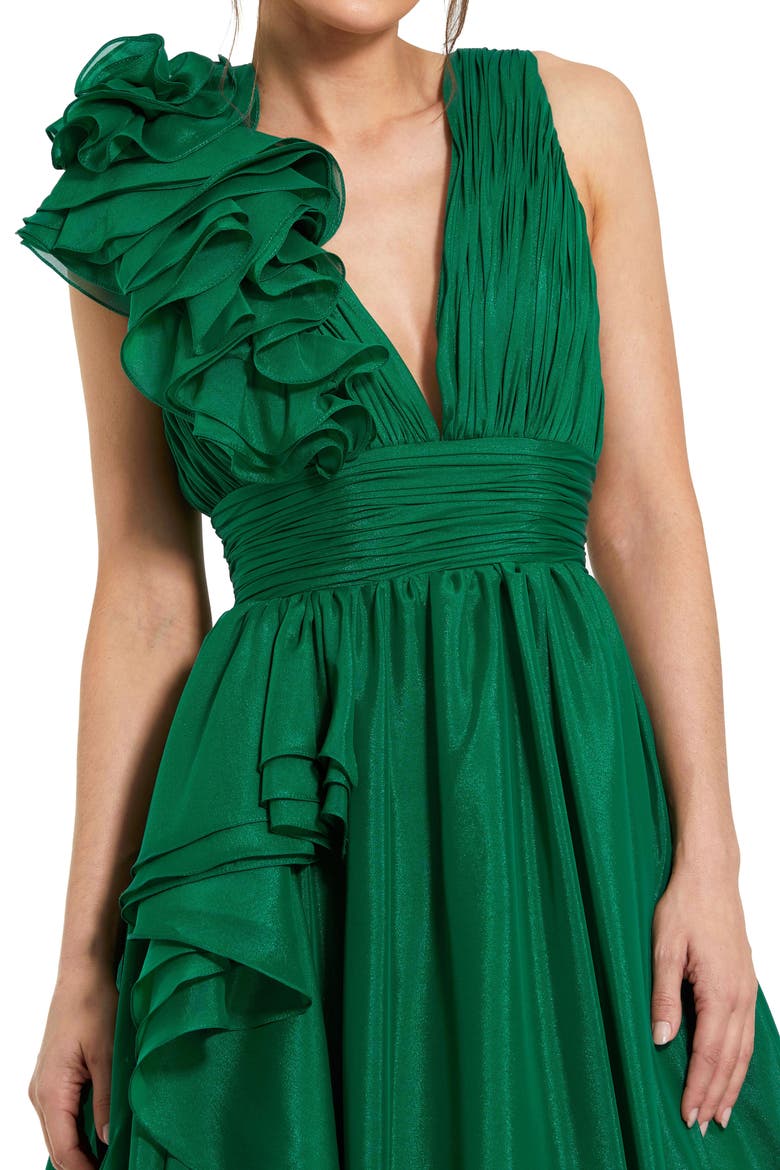 Petite Ruffle Shoulder V-Neck Chiffon Gown, Alternate, color, Emerald