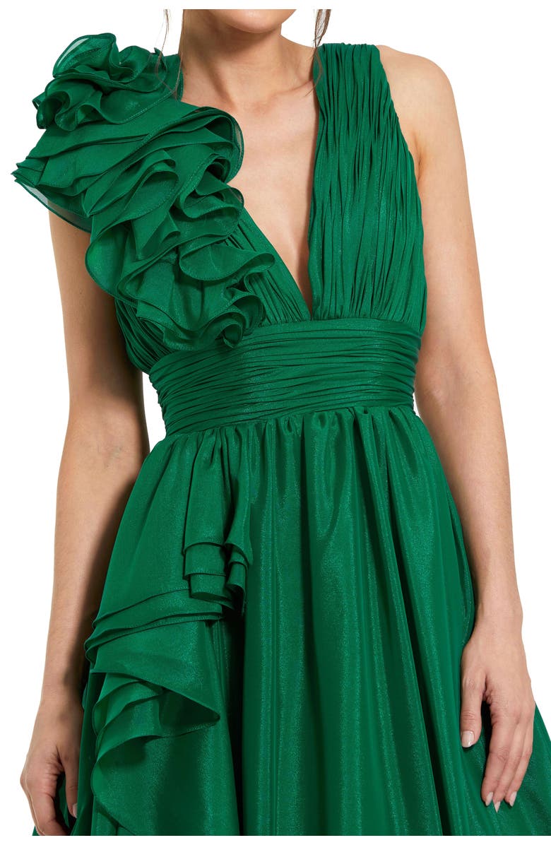 Mac Duggal Petite Ruffle Shoulder V-Neck Chiffon Gown, Alternate, color, Emerald