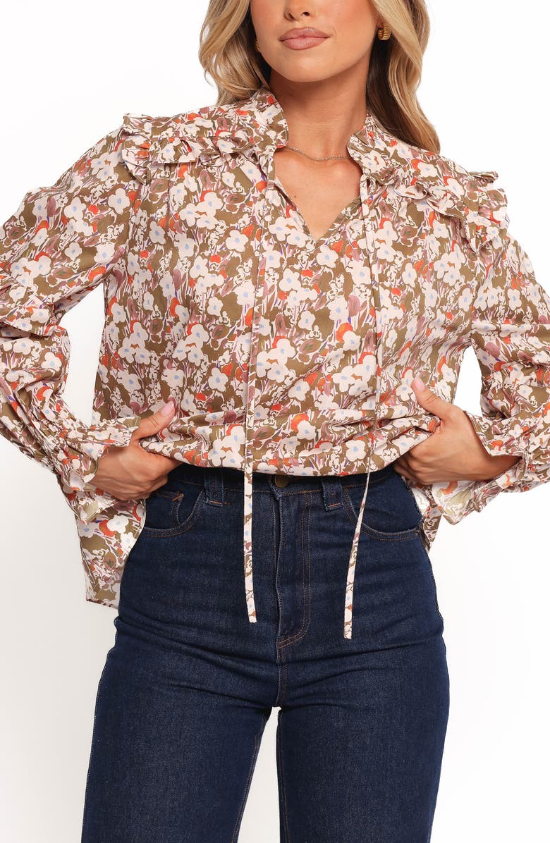 Petal & Pup Selmah Floral Cotton Ruffle Accent Top, Alternate, color, Cream Olive Orange