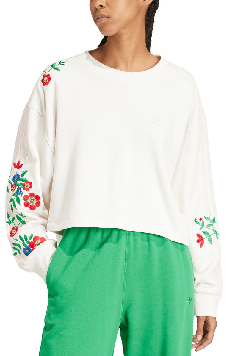 adidas Floral Embroidered Sweatshirt, Main, color, Cloud White