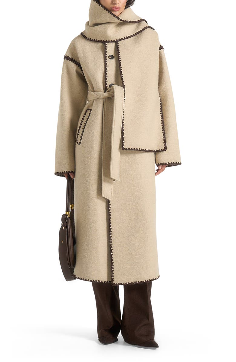Manière De Voir Elora Wool Blanket Stitch Belted Longline Coat, Main, color, Taupe