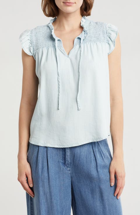 Smocked Cap Sleeve Chambray Top