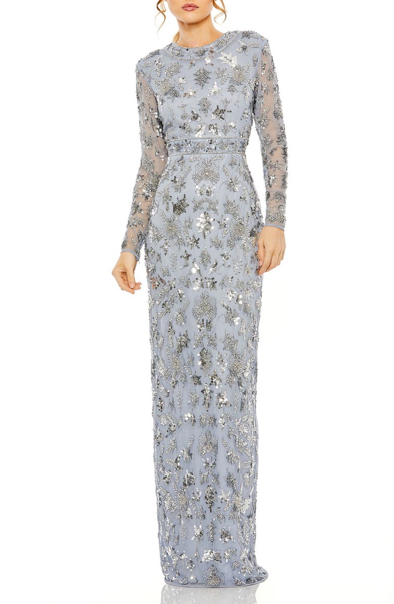 Mac Duggal High Neck Long Sleeve Embellished Column Gown, Main, color, Slate Blue