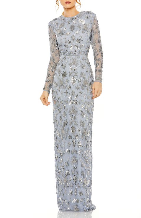 High Neck Long Sleeve Embellished Column Gown