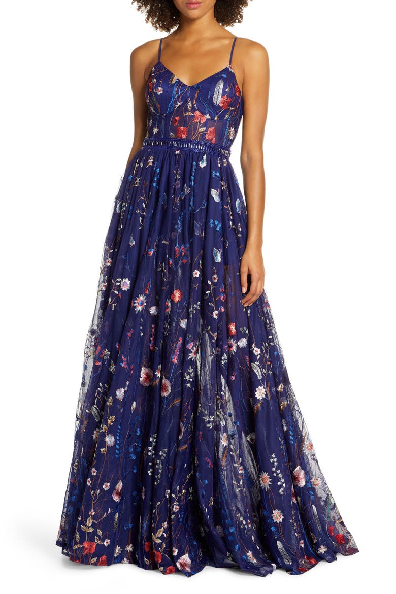 Embroidered Mesh Bustier Gown, Main, color, INDIGO