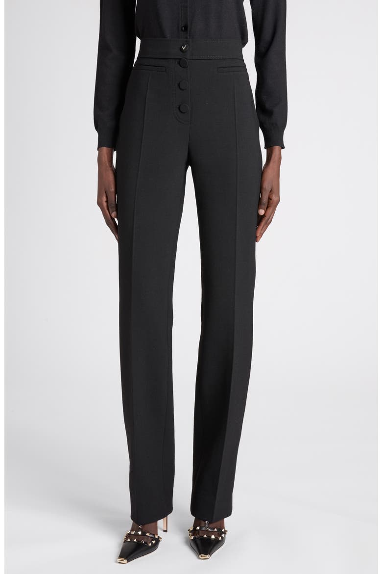 High Waist Wool Stretch Crepe Straight Leg Pants, Main, color, BLACK