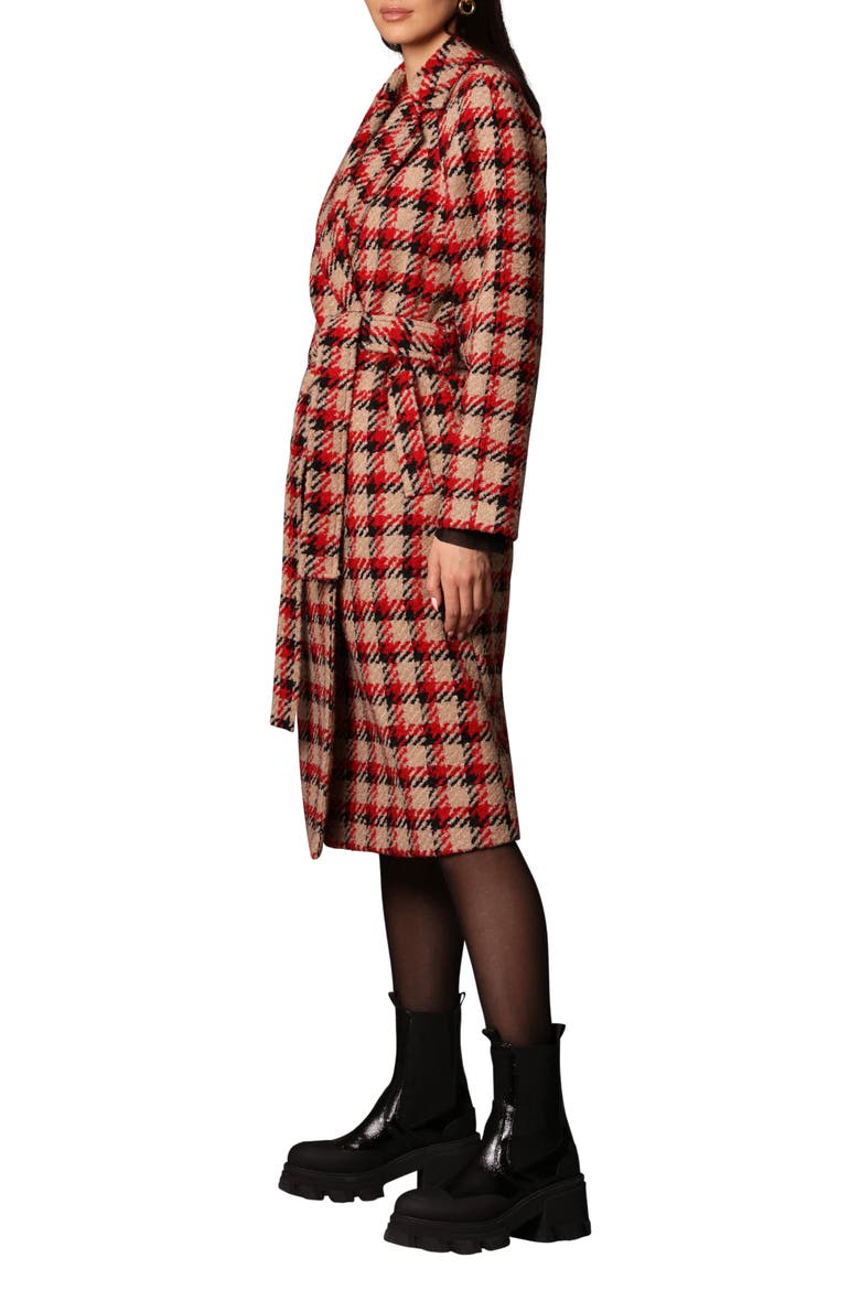 Belted Plaid Double Breasted Longline Coat, Alternate, color, CAMEL/ BLACK/ RED PLAID