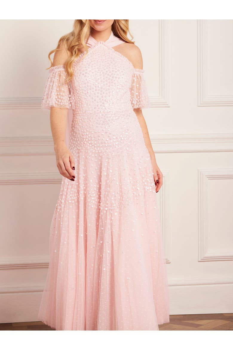 Scallop Sequin Halter-Neck Ankle Gown, Alternate, color, Seashell