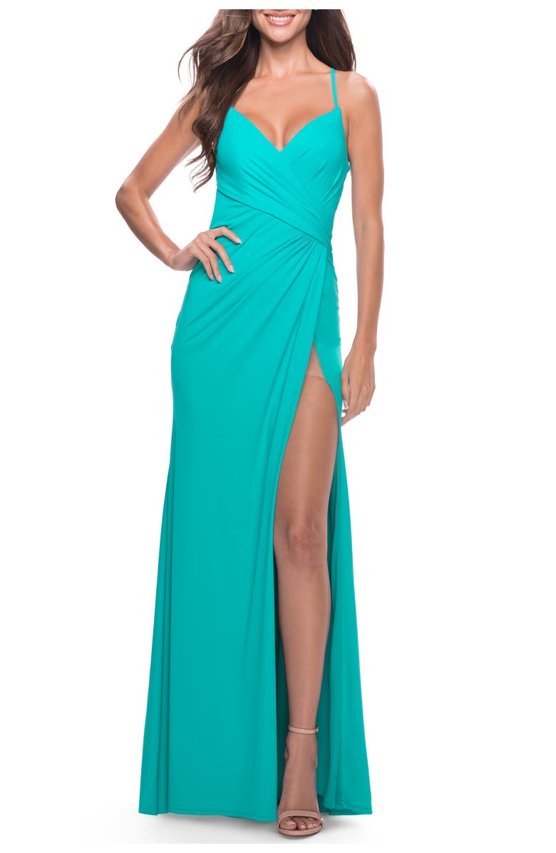 La Femme Long Jersey Versatile Dress with Ruched Zipper, Main, color, Aqua
