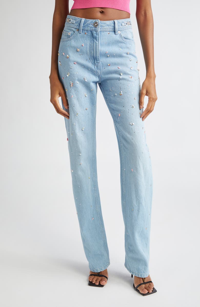 Versace Embellished Straight Leg Jeans, Main, color, Light Blue