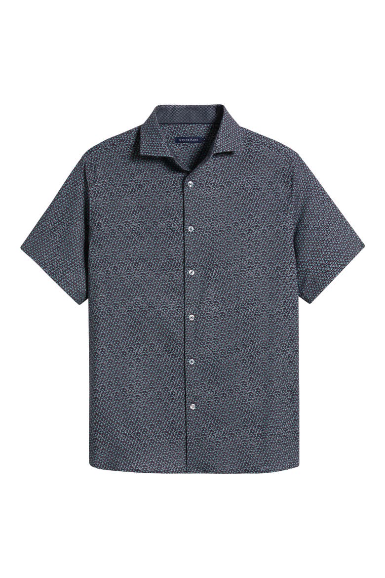 Artisanal Trim Fit Floral Geo Print Short Sleeve Cotton & Lyocell Button-Up Shirt, Alternate, color, DARK NAVY