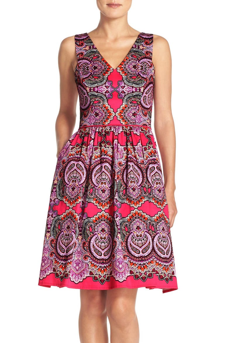 Print Sateen Fit & Flare Dress, Main, color, PINK/ LILAC
