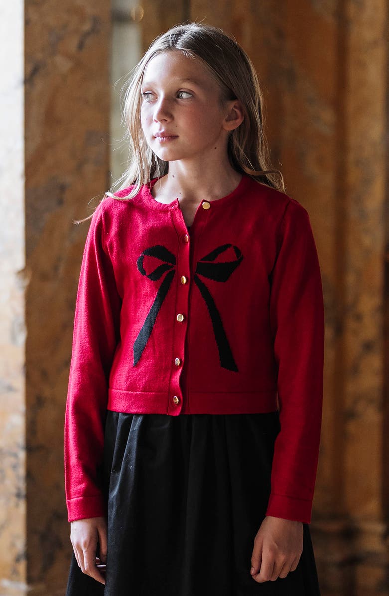 Hope & Henry Kids' Organic Bow Intarsia Sweater Cardigan, Alternate, color, Red With Black Bow