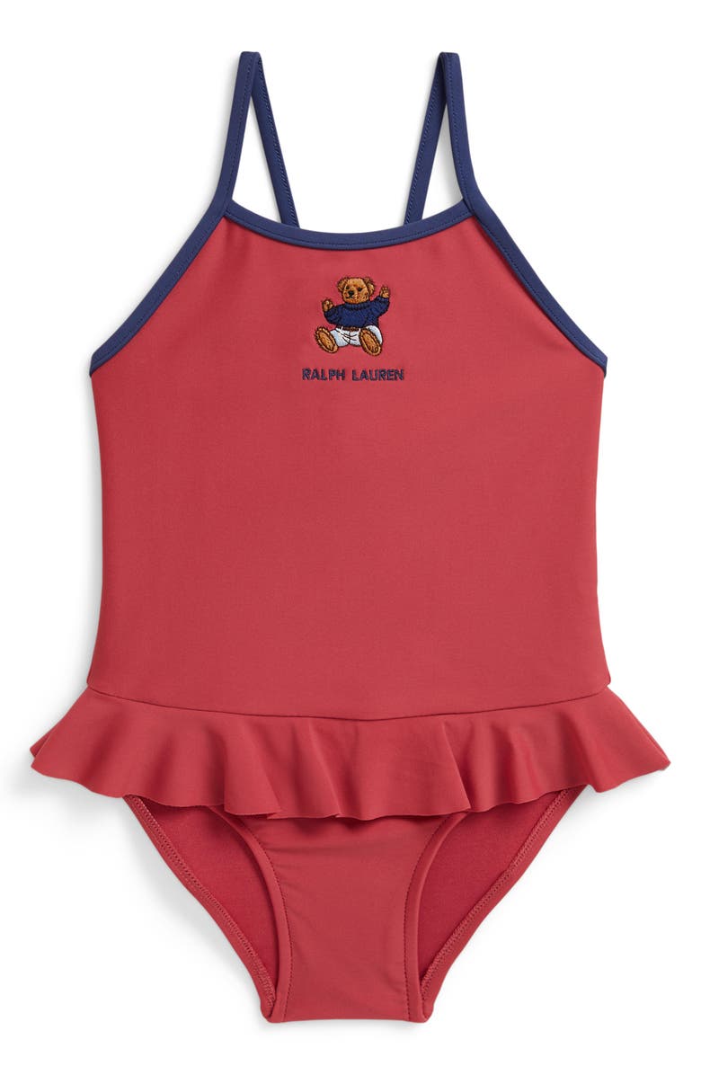 Ralph Lauren Embroidered Peplum One-Piece Swimsuit, Main, color, Nantucket Red Multi