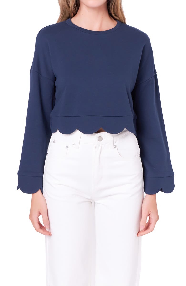 English Factory Scallop Crop Knit Top, Alternate, color, Navy