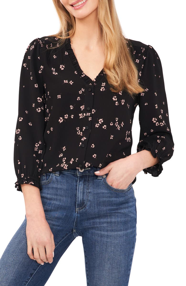 CeCe Floral Ruffle Button-Up Top, Main, color, Rich Black