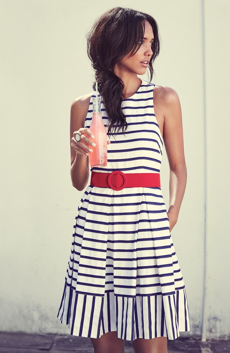 Eliza J Belted Stripe Fit & Flare Dress, Alternate, color, 