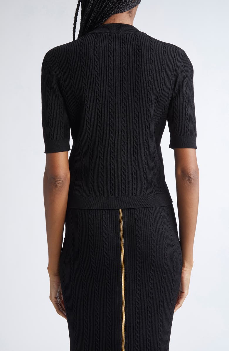 Balmain Cable Stitch Short Sleeve Cardigan, Alternate, color, 0Pa Black
