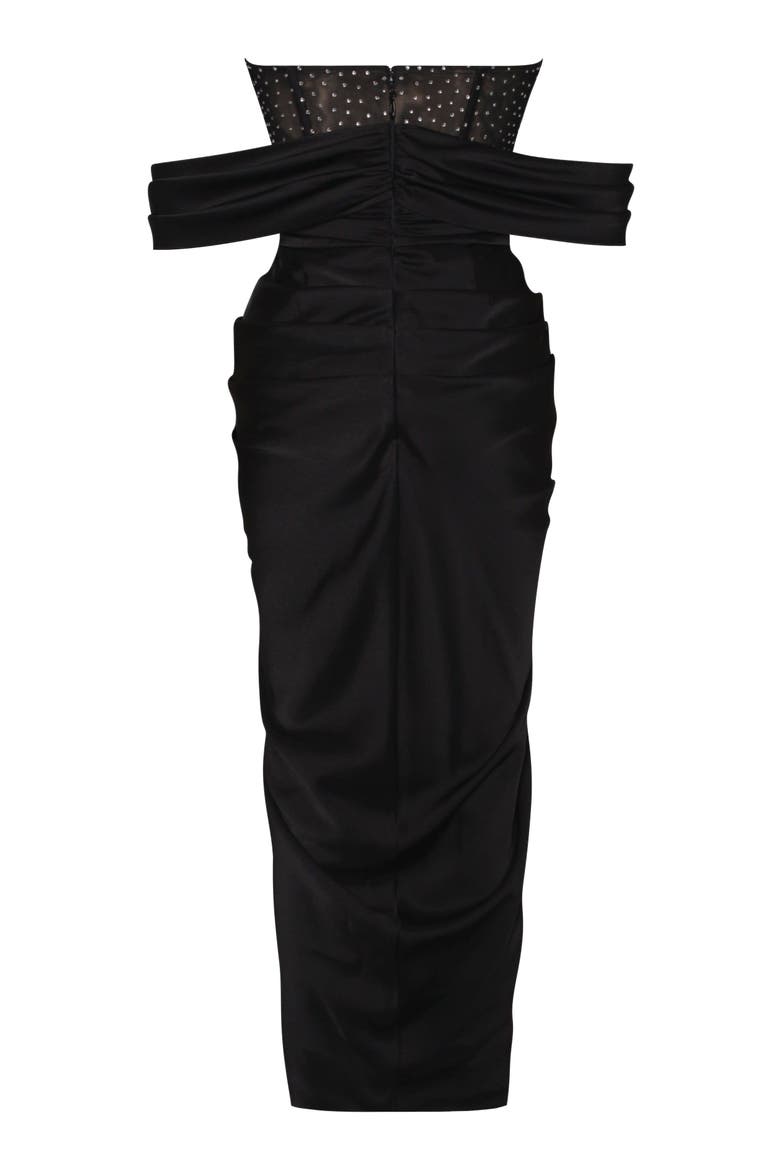Stella Off Shoulder Crystal Corset Satin Gown, Alternate, color, Black