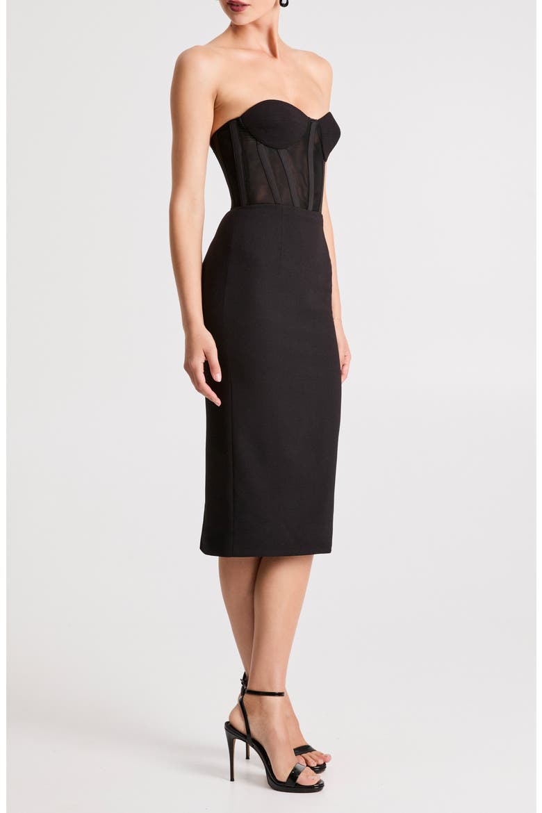 Natalia Strapless Mesh & Crepe Cocktail Midi Dress, Alternate, color, BLACK