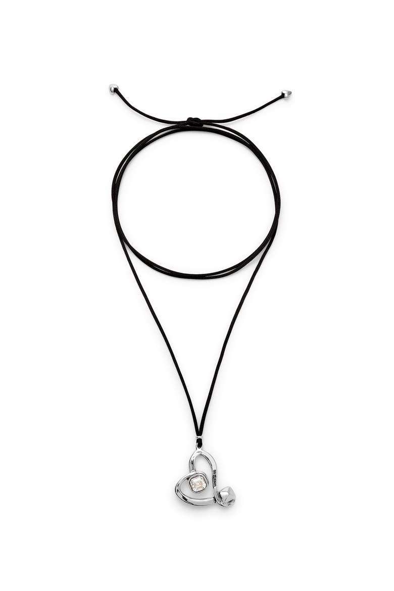 Long Silk-Effect Cord Pendant with Sterling Silver-Plated Central Heart with Clear Crystal, Main, color, Silver