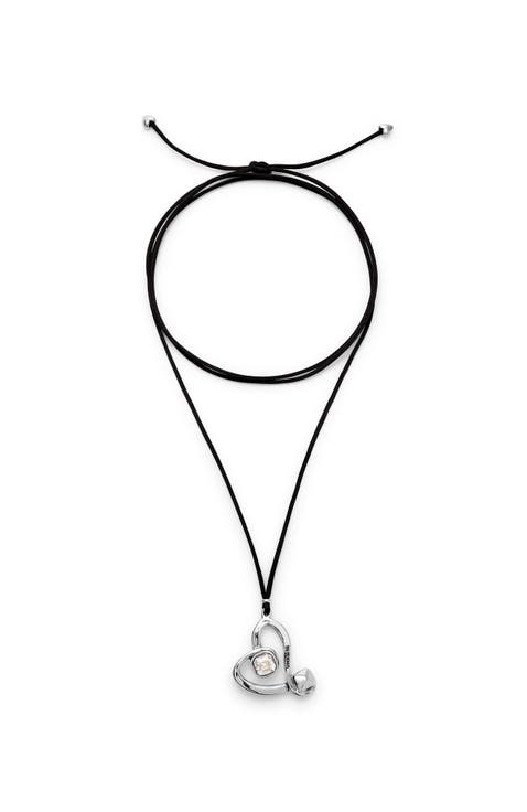 Long Silk-Effect Cord Pendant with Sterling Silver-Plated Central Heart with Clear Crystal