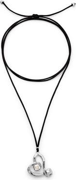 UNODE50 Long Silk-Effect Cord Pendant with Sterling Silver-Plated Central Heart with Clear Crystal