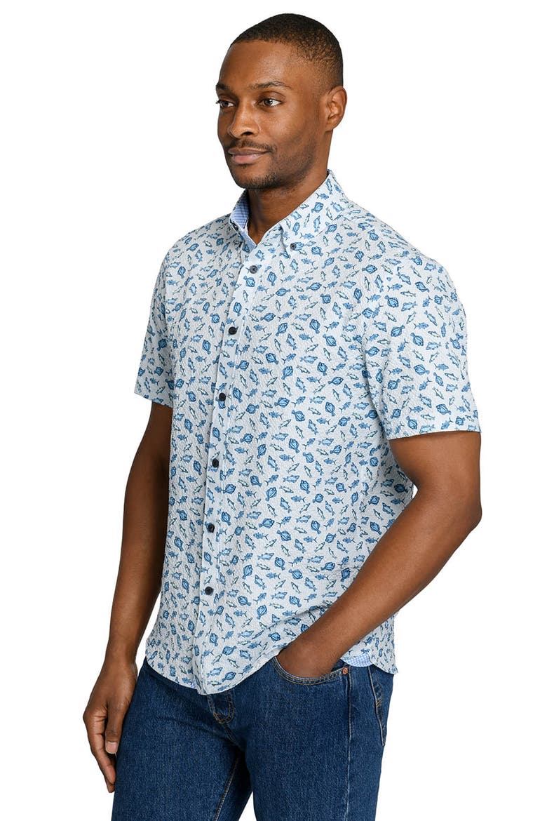Fish Print Short Sleeve Seersucker Button-Up Shirt, Alternate, color, NAVY/ GREEN