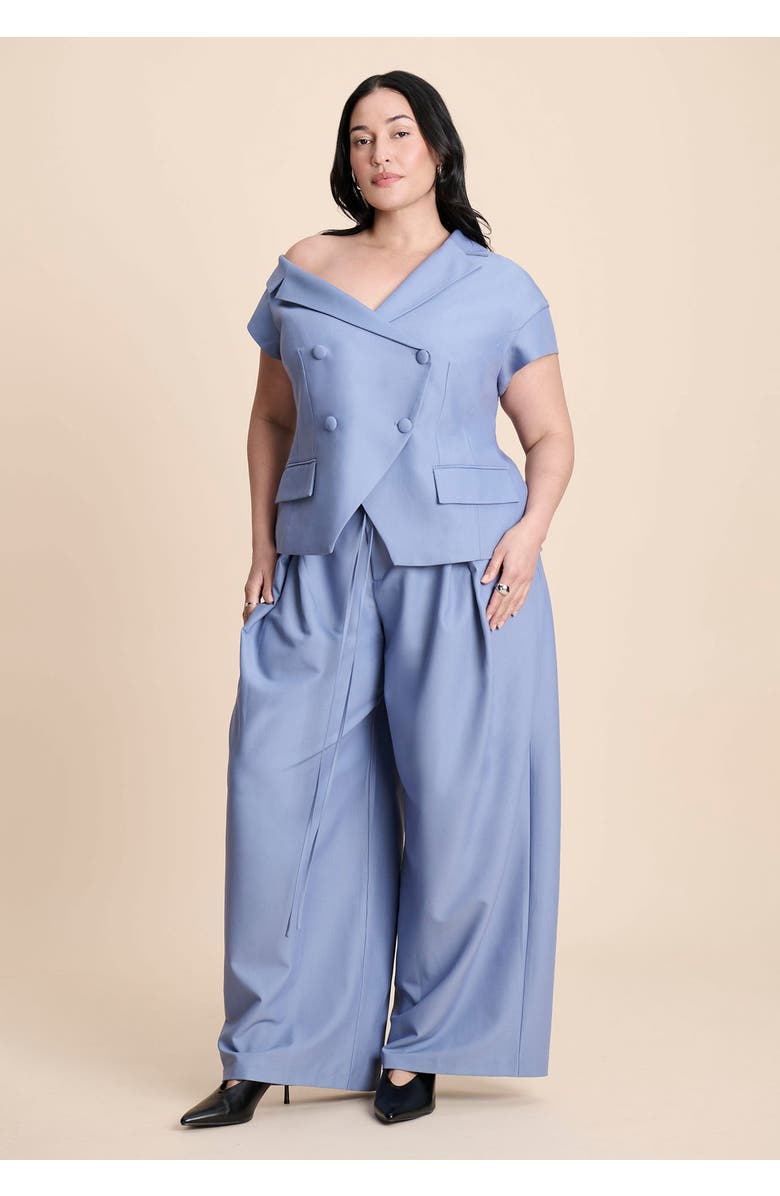 ELOQUII Asym Neckline Short Sleeve Blazer, Alternate, color, Dusty Blue