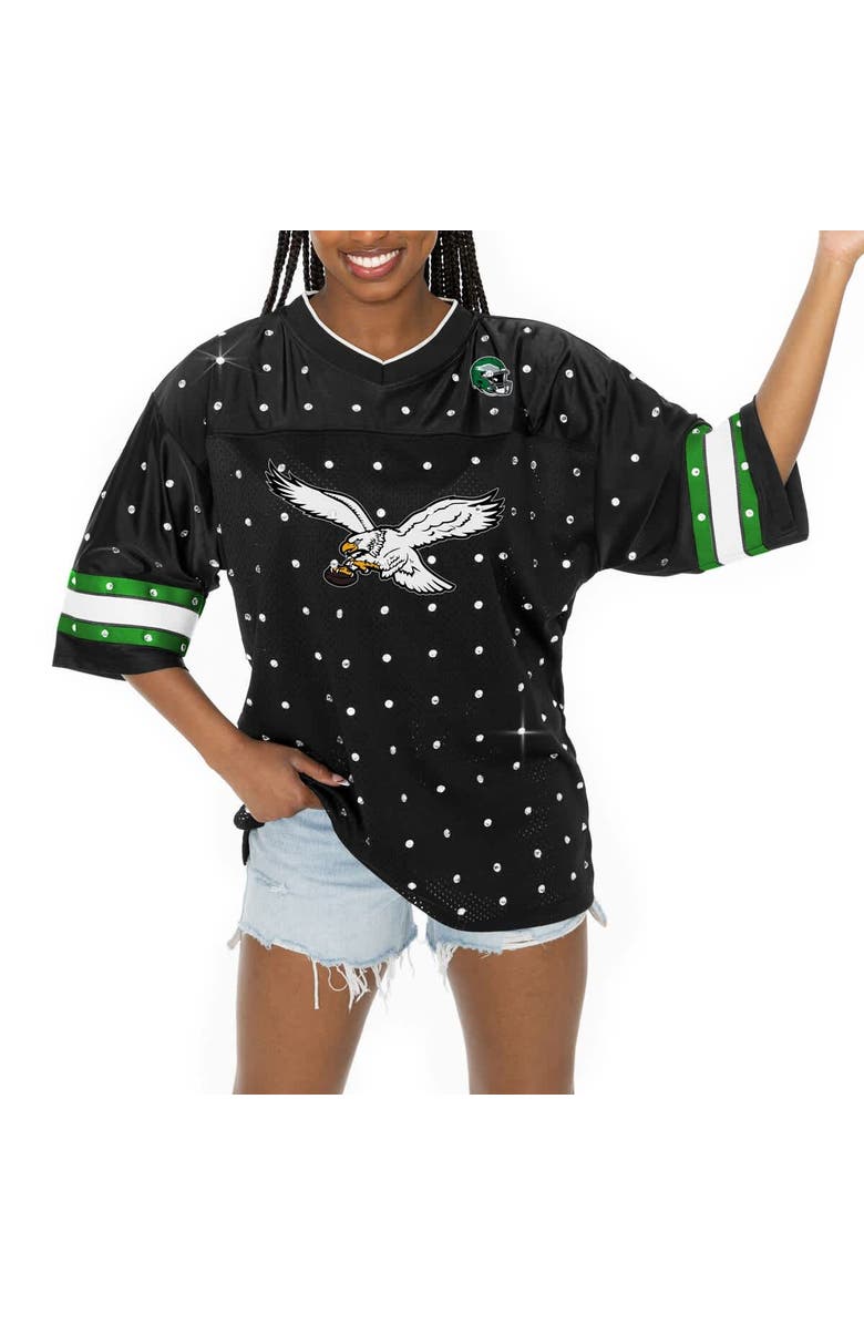 GAMEDAY COUTURE Women's Gameday Couture Black Philadelphia Eagles Kickoff Time Allover Rhinestone Sports Stripe Jersey V-Neck T-Shirt, Alternate, color, 