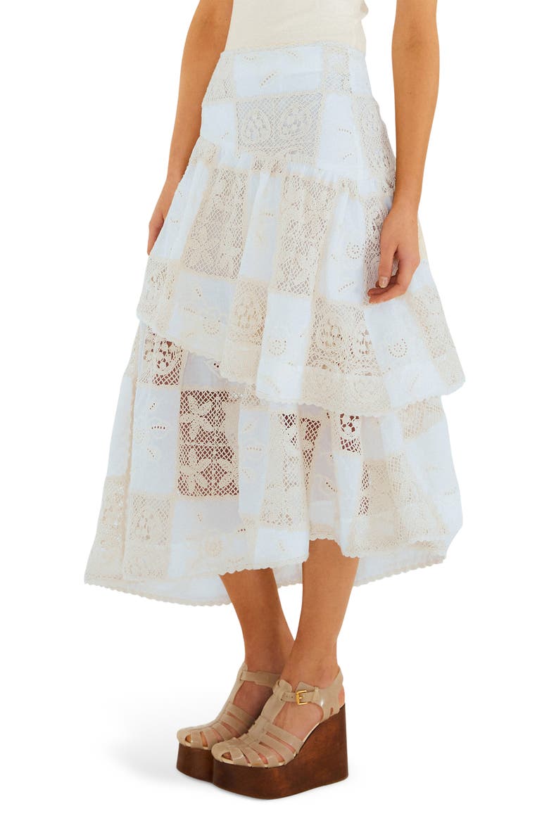 Lace Detail Tiered Asymmetric Cotton Skirt, Alternate, color, OFF-WHITE