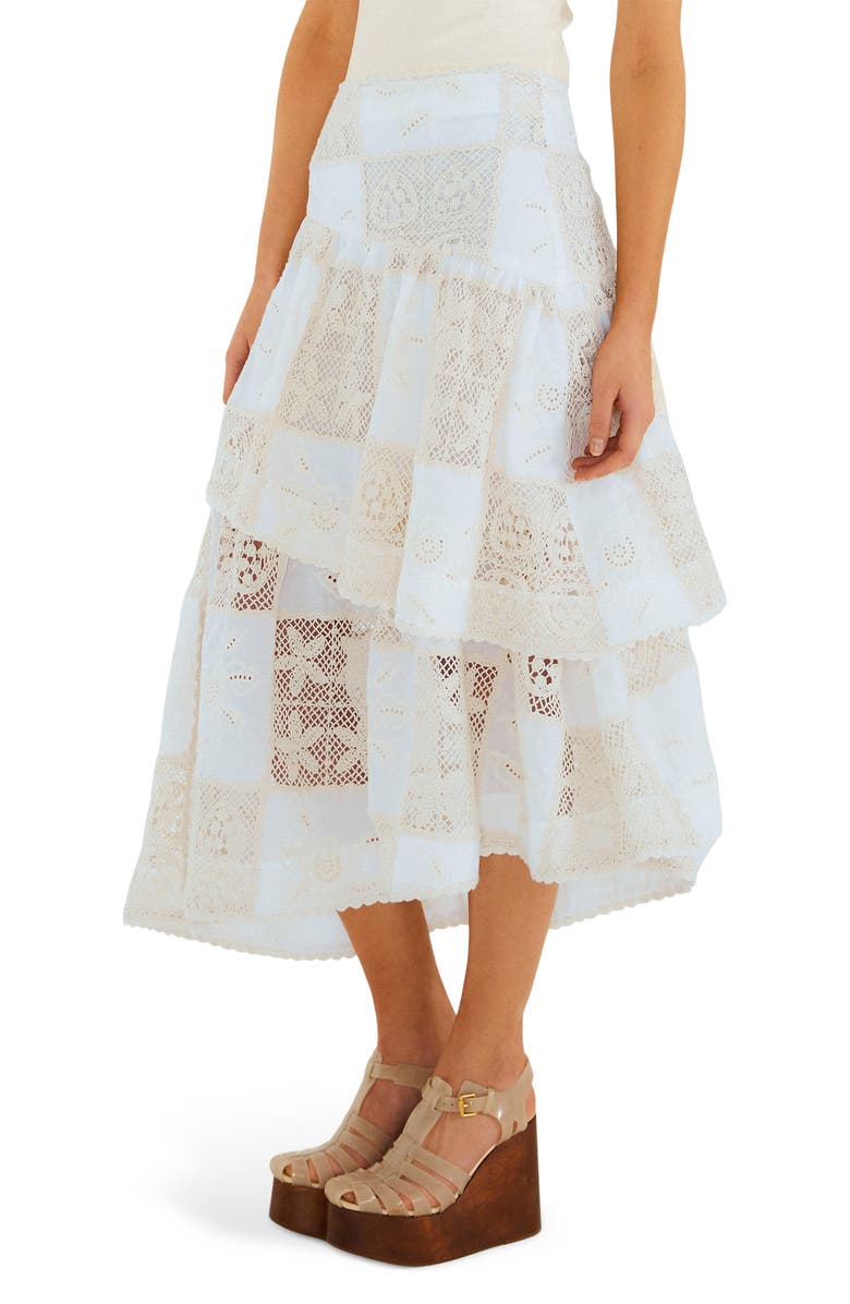 FARM Rio Lace Detail Tiered Asymmetric Cotton Skirt, Alternate, color, Off-White