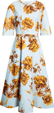 Oscar de la Renta Tonal Peony Print Stretch Poplin Belted Dress