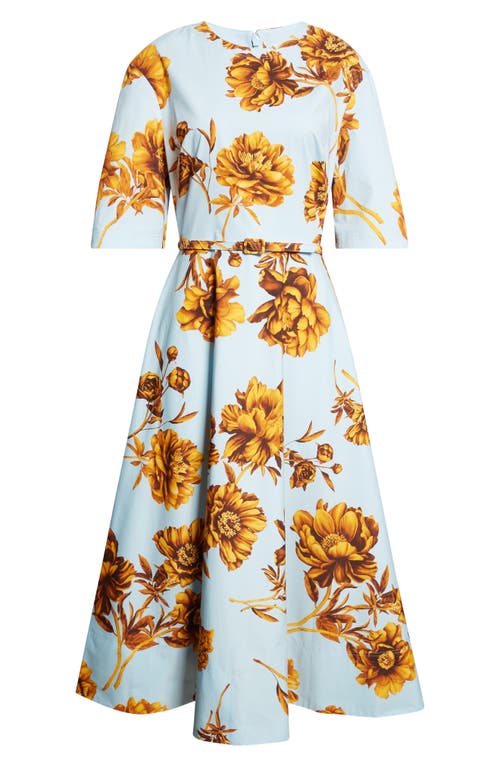 Oscar De La Renta Tonal Peony Print Stretch Poplin Belted Dress In Blue