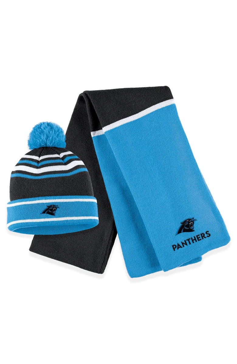 WEAR by Erin Andrews Women's WEAR by Erin Andrews Blue Carolina Panthers Colorblock Cuffed Knit Hat with Pom and Scarf Set, Main, color, Blue