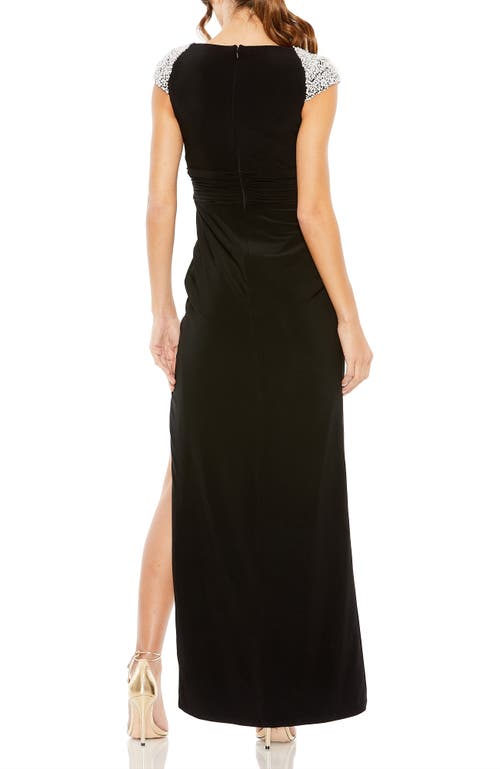 Mac Duggal V Neck Embellished Cap Sleeve Faux Wrap Slit Gown In Black