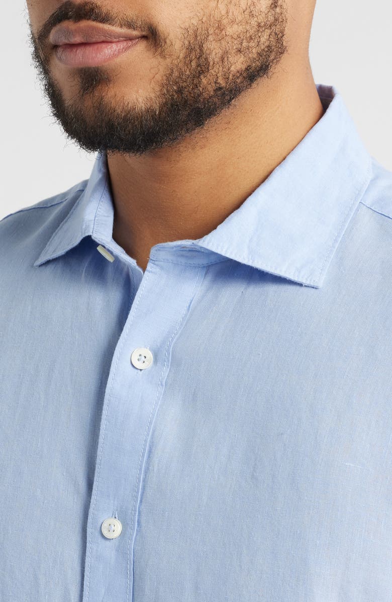 Bugatchi Axel Shaped Fit Linen Button-Up Shirt, Alternate, color, Sky
