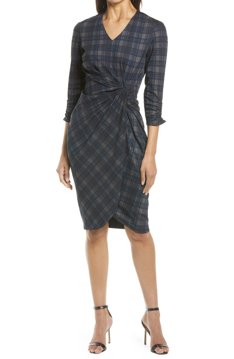 Tahari Plaid V-Neck Sheath Dress, Main, color, 