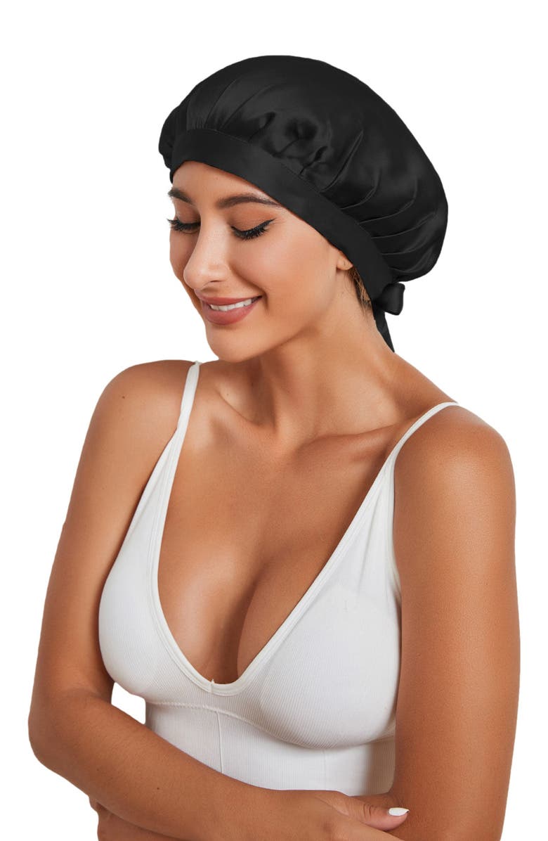 SILKSILKY Pure Silk Classic Ribbon Bonnet, Alternate, color, Black