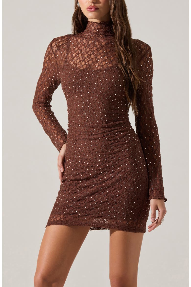Kourtney Mock Neck Lace Long Sleeve Minidress, Alternate, color, BROWN