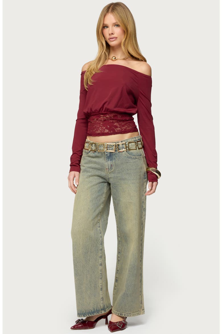 Dorona Off the Shoulder Lace Trim Top, Alternate, color, BURGUNDY