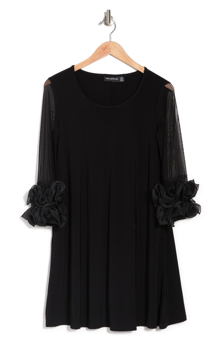Nina Leonard Ruffle Mesh Sleeve Dress, Alternate, color, Black